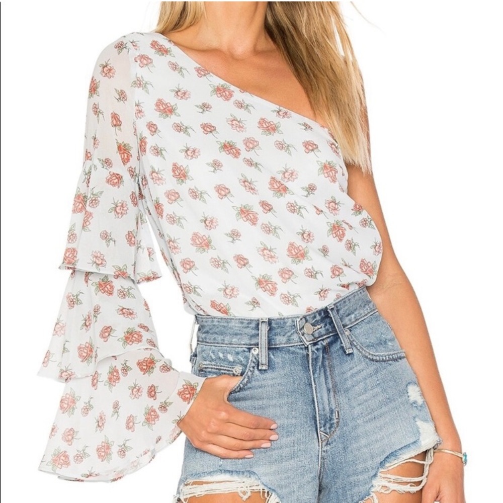 Friends + Lovers | Revolve One Shoulder Lined Floral Blouse, Light Blue